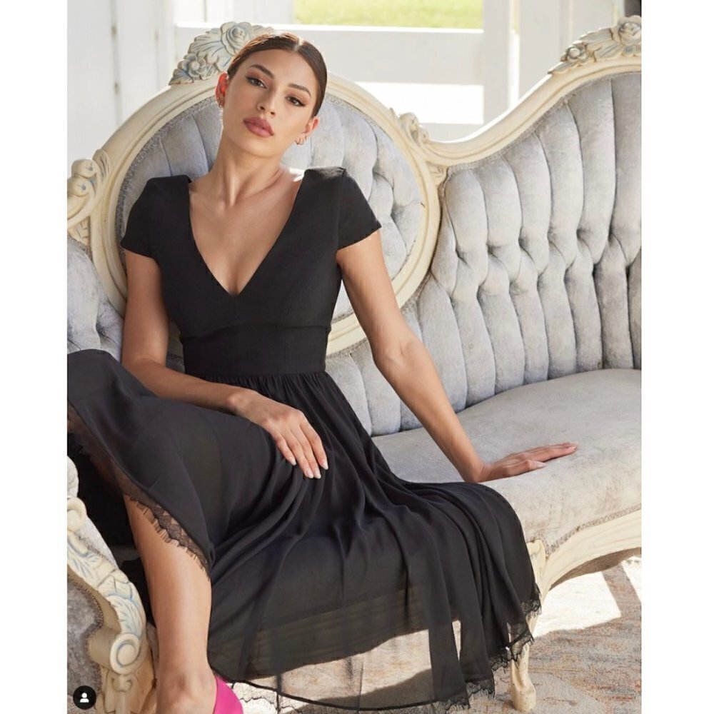 DRESS THE POPULATION Corey Chiffon Fit & Flare Cocktail Dress in Black Small